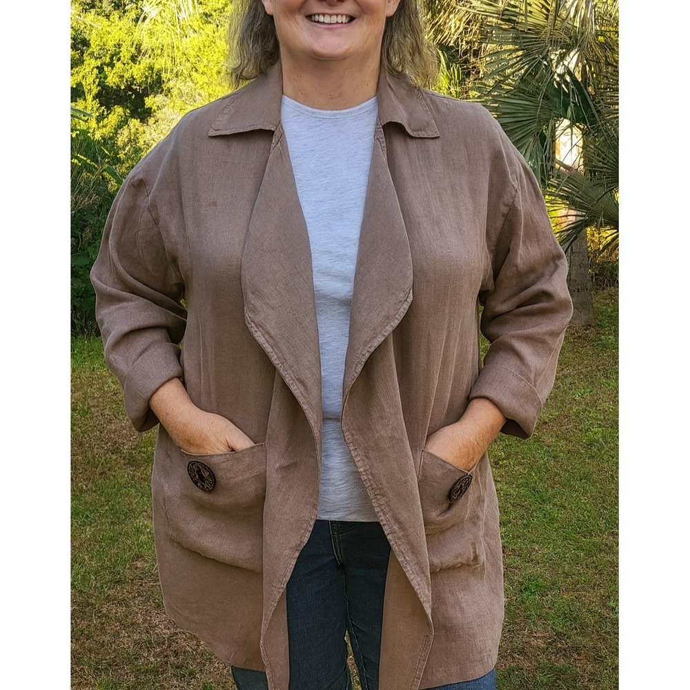 Lagenlook Linen Top Open Jacket Mocha Brown Beige 36 38  medium CARVED BUTTONS